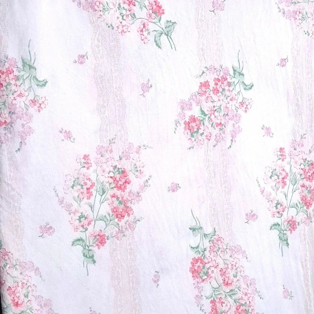 VTG Stevens Floral Flat Bed Sheet Twin White Pink Lace Stripe Cottagecore Fabric